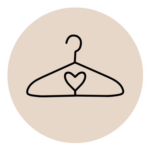 Line drawing of a clothing hanger with a heart shape in the center, inside a beige circle on a black background.