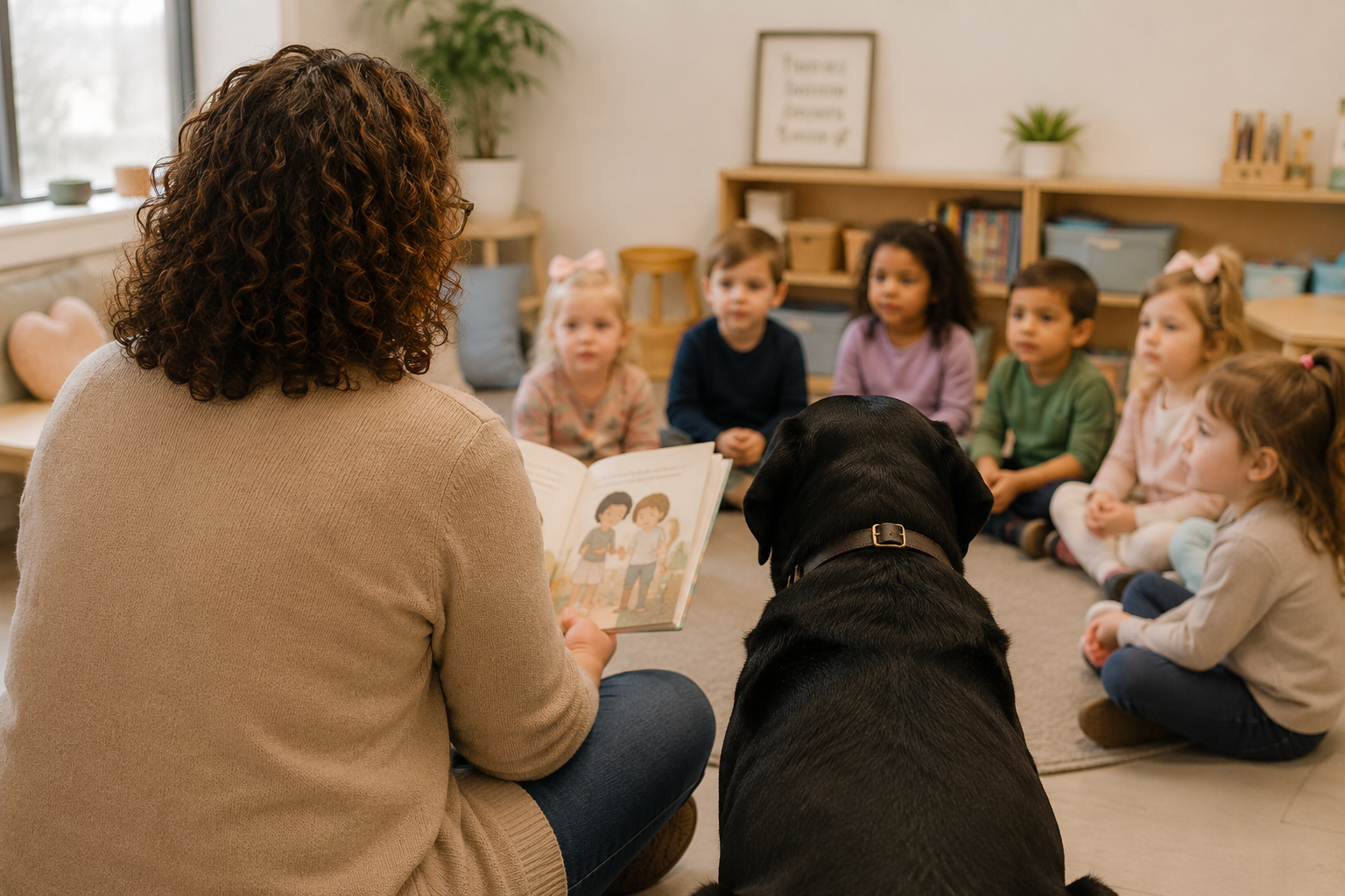 A woman reading a children's book to a group of children sitting on the floor in a classroom, with a black dog sitting beside her.