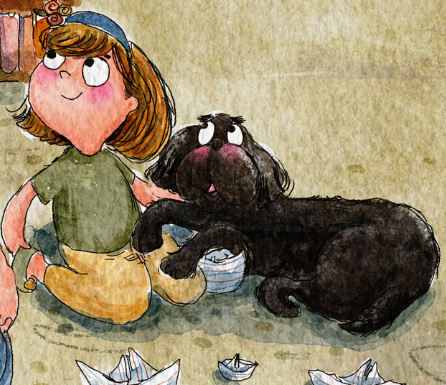 Illustration of a girl with a blue hat and green shirt sitting on the ground with a black dog.