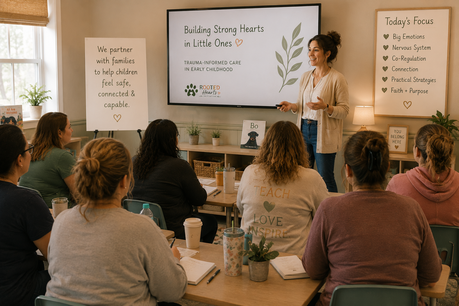A woman giving a presentation to a group of women in a classroom, with posters about childhood trauma and emotional health on the walls.
