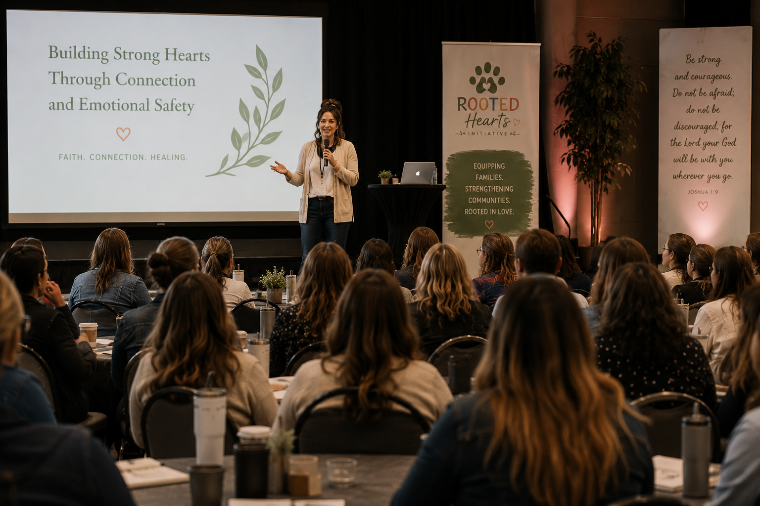A woman in a beige blazer and jeans speaks into a microphone on stage during a conference about building strong hearts through connection and emotional safety. Behind her is a large screen displaying the presentation title. To her right, a banner reads "Rooted Hearts Initiative," and another banner features an inspirational Bible quote. The audience consists of diverse women sitting at round tables, attentively listening.