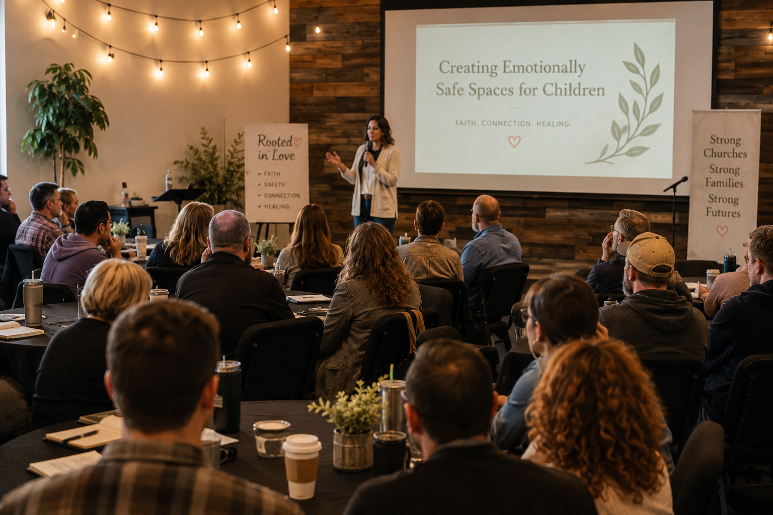 A woman giving a presentation on creating emotionally safe spaces for children to an audience in a conference room with wooden walls and string lights, with a screen displaying the presentation title.
