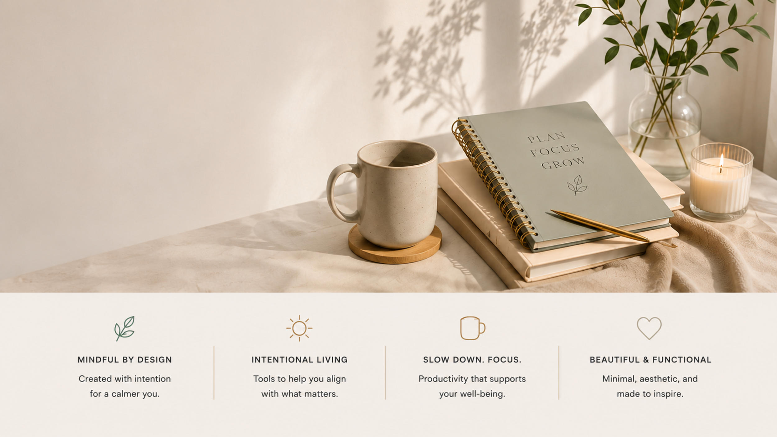 A calm, sunlit workspace with a sage green planner, ceramic mug, stacked notebooks, candle, and greenery, reflecting The Daily Sanctuary's approach to intentional planning and peaceful living.