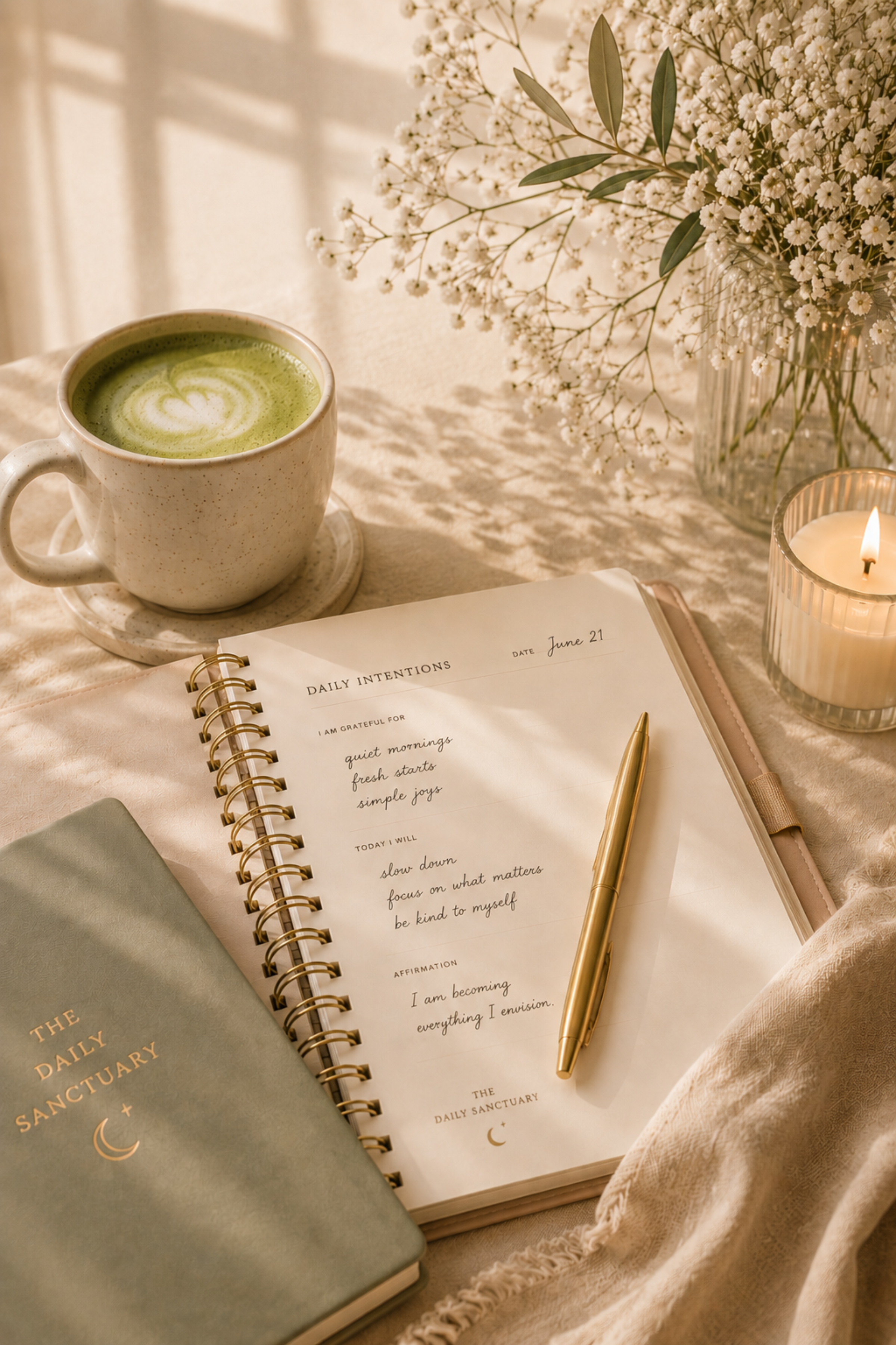 A cozy flat lay featuring The Daily Sanctuary planner open to a Daily Intentions page dated June 21, with a matcha latte, gold pen, lit candle, delicate white florals, and soft morning sunlight creating a peaceful intentional living workspace.