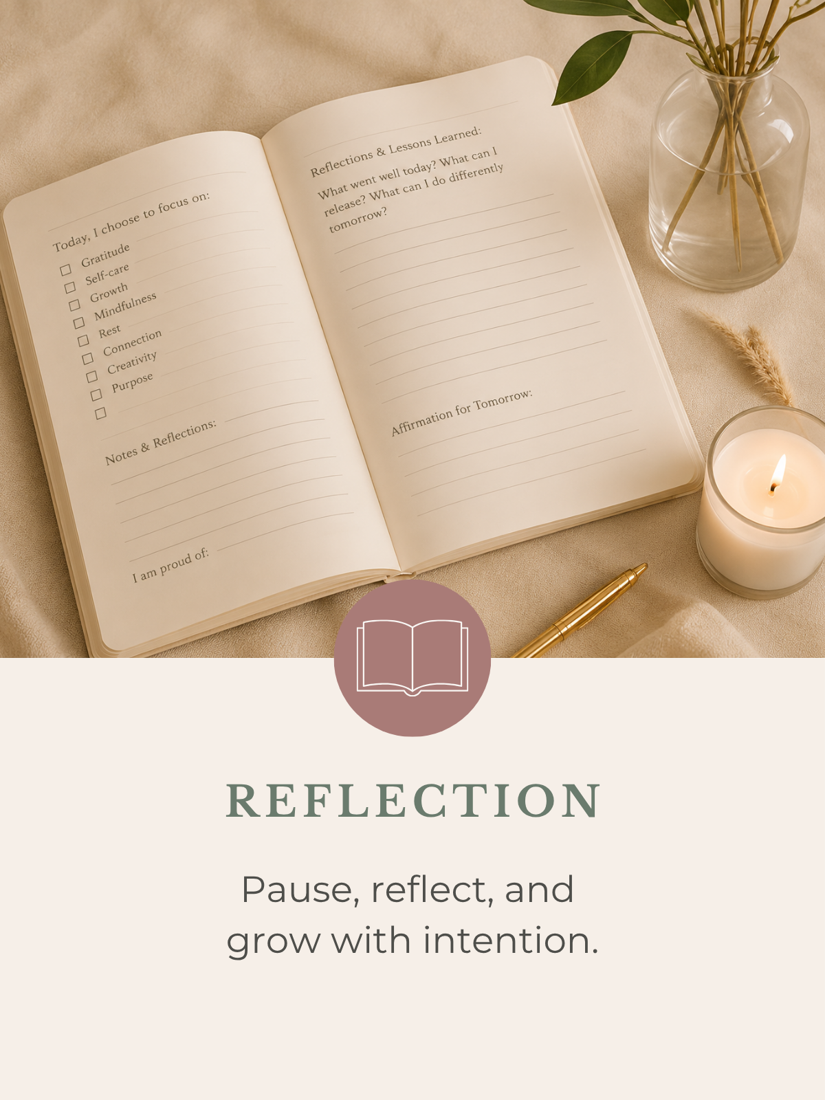 Open guided reflection journal with candle and minimalist decor.