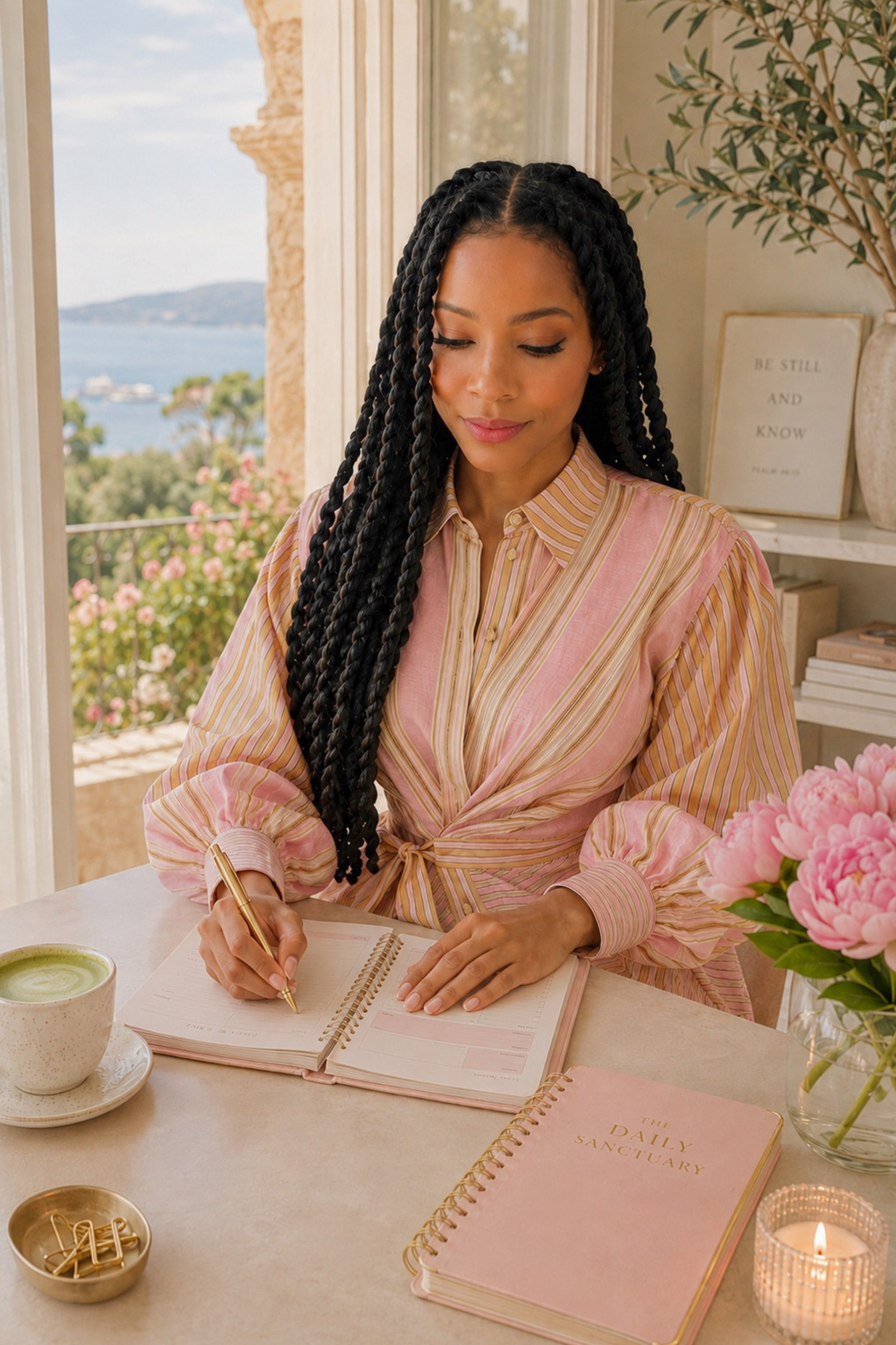 Shanay, founder of The Daily Sanctuary, writing in her pastel pink planner beside a matcha latte in a peaceful, sunlit home office overlooking the coast.