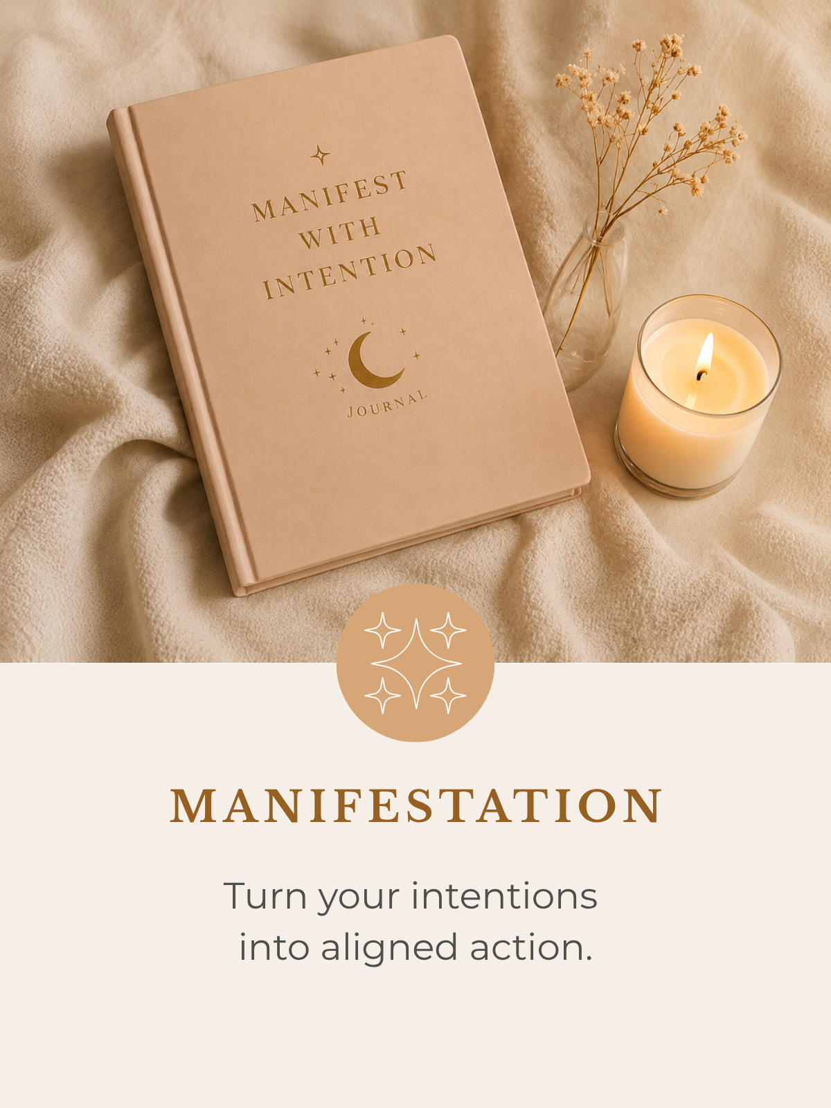 Manifestation journal with candle and dried botanicals on linen.