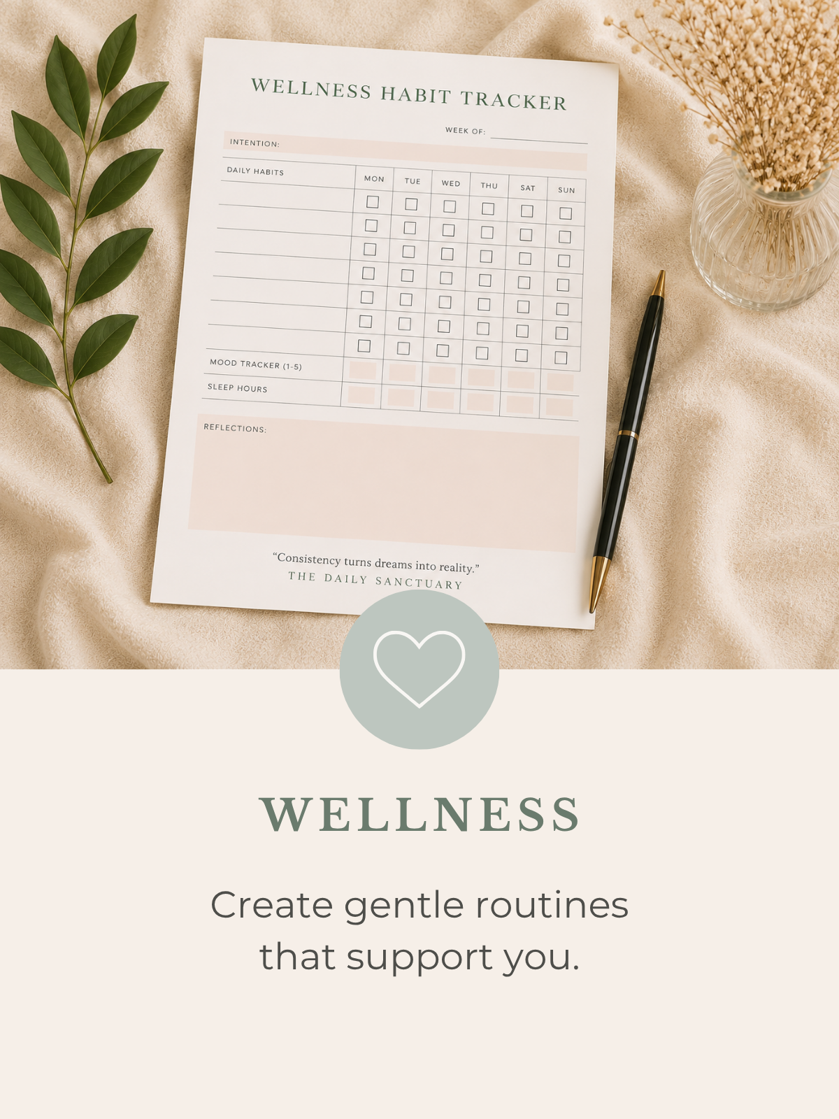 Wellness habit tracker with matcha, eucalyptus, and linen styling.