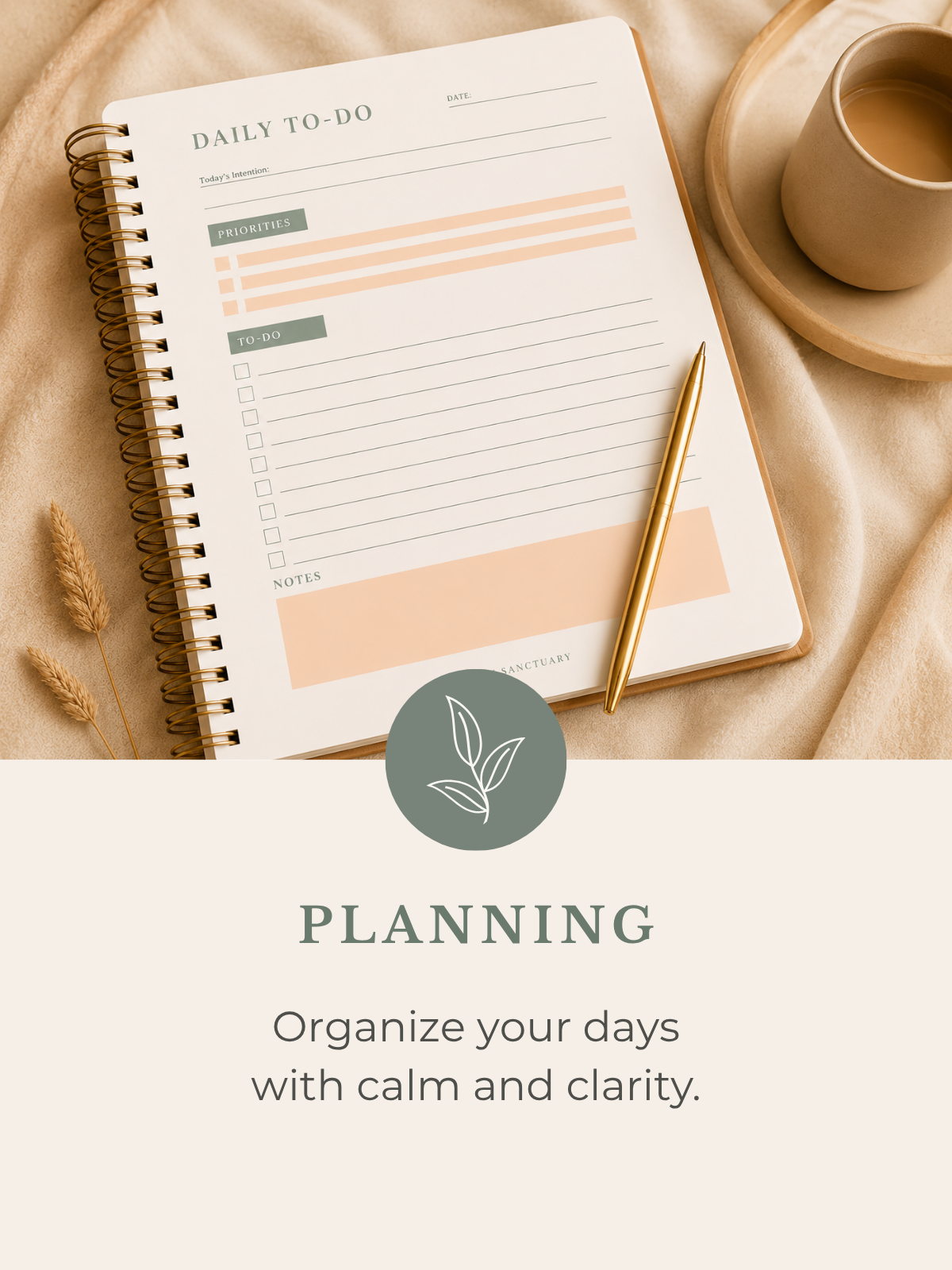 Daily planner on a linen desk with a warm cup of tea.