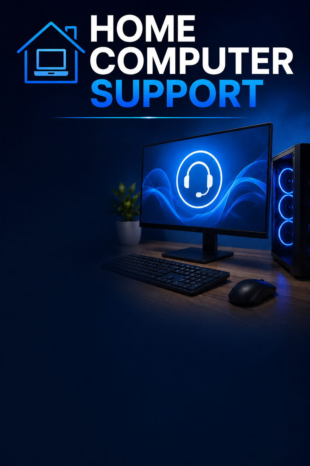 A computer setup with a monitor displaying a headset icon, a keyboard, and a mouse on a wooden desk, with a potted plant beside it. A logo with a house and monitor reads "Home Computer Support" at the top.