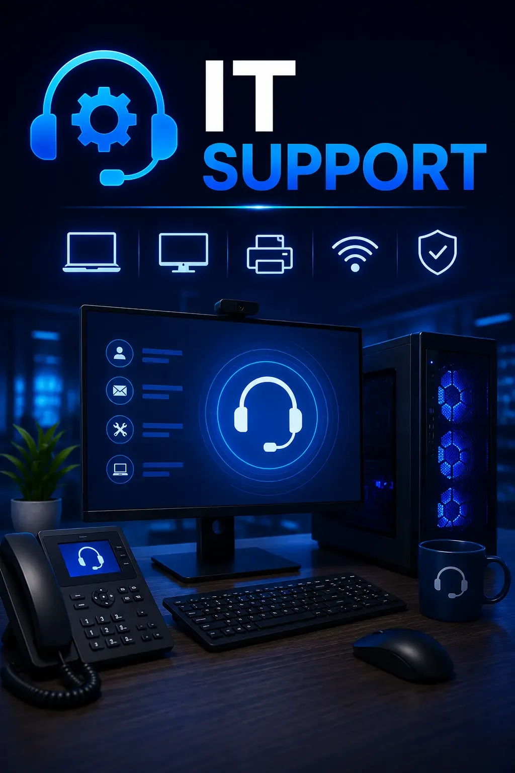 Neon blue sign reading 'IT SUPPORT' with tech support icons, a computer setup with monitor, keyboard, mouse, telephone, and coffee mug in an office environment.