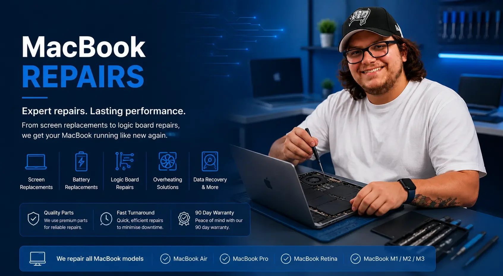 A man with glasses and a cap smiling while repairing a MacBook in a tech repair shop, with tools and repair parts on the table. The shop's graphic board advertises MacBook repairs, emphasizing expert service, quality parts, fast turnaround, and warranty.