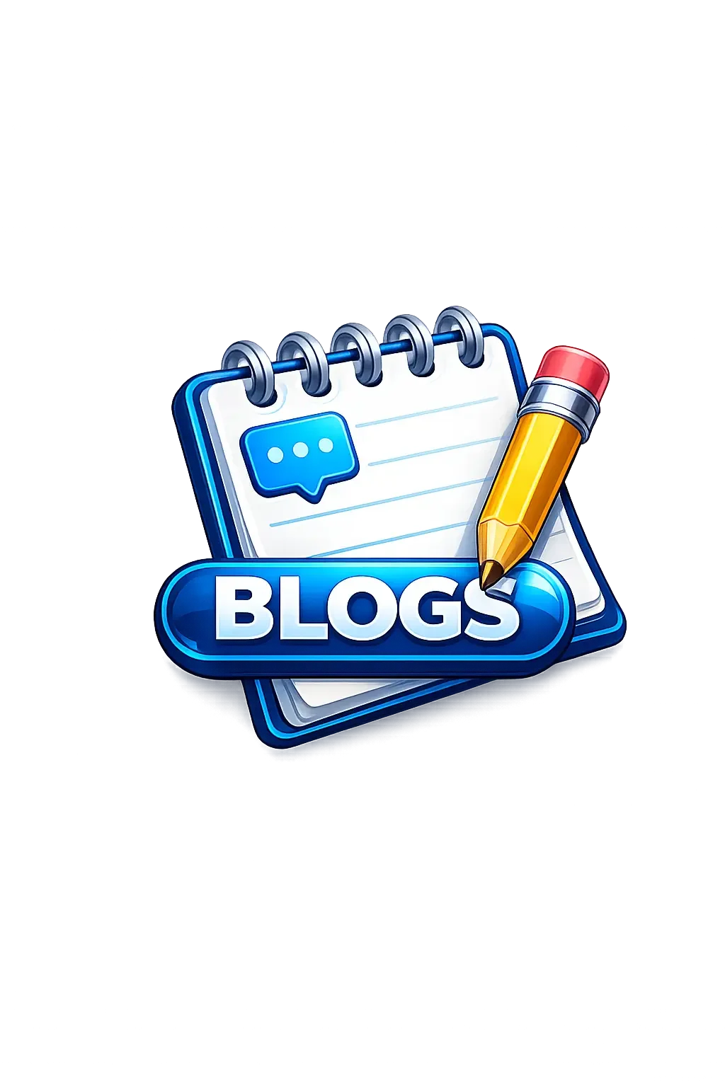 Graphic of a blue notepad with a speech bubble icon, a large blue button labeled 'BLOGS', and a yellow pencil with a red eraser.