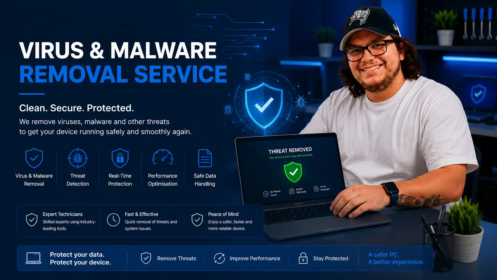 A man smiling at a computer laptop with a screen displaying a virus and malware removal service advertisement. The background is a tech-themed setting with blue tones and security icons.