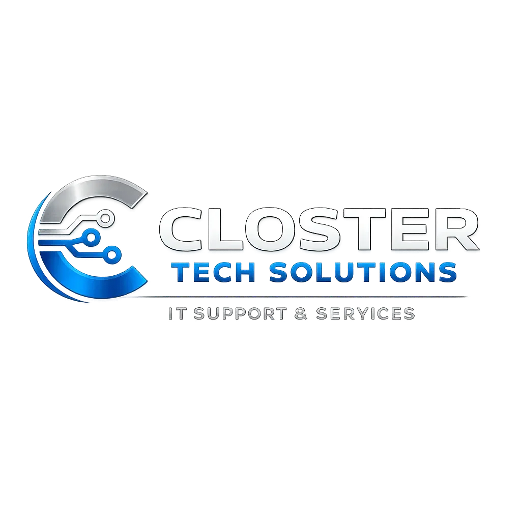 Closter Tech Solutions logo showcasing a circuit-like design with the tagline "IT Support & Services" in black.