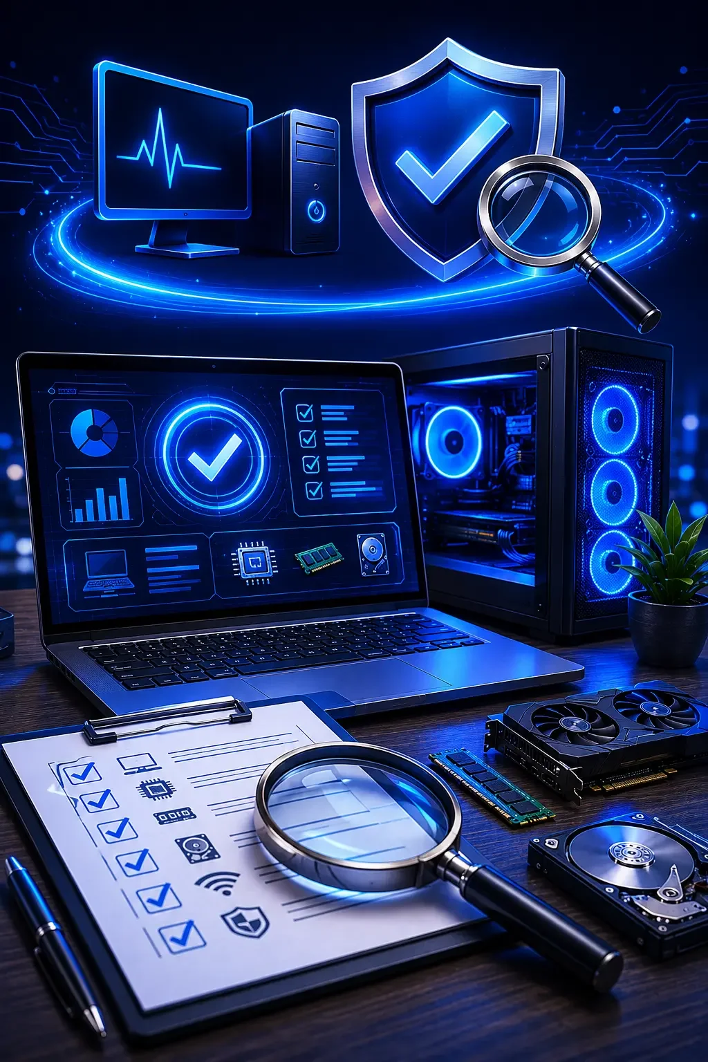 A computer setup with a monitor, desktop tower, keyboard, and various hardware components. The screen displays security and data analysis symbols with a large check mark. The workspace includes a clipboard with a checklist, a magnifying glass, a pen, a hard drive, and a graphics card, all illuminated with blue digital graphics indicating cybersecurity and data protection.