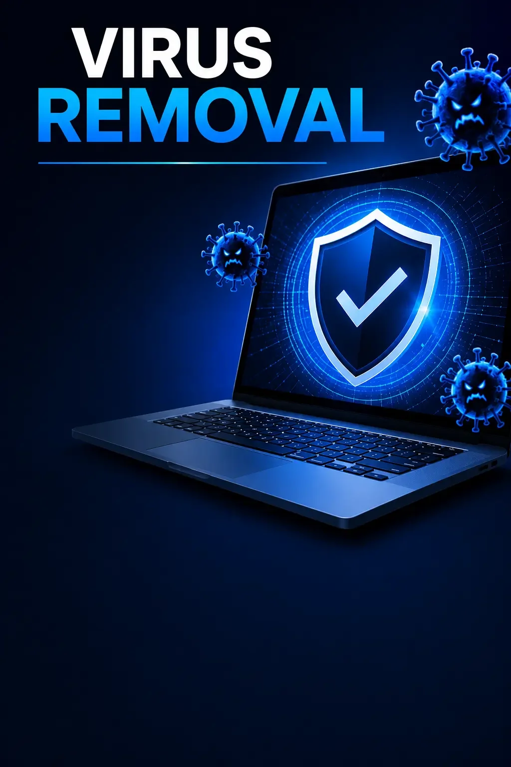 A laptop with a shield and checkmark icon on the screen, surrounded by virus illustrations, and the text 'Virus Removal' at the top of the image.