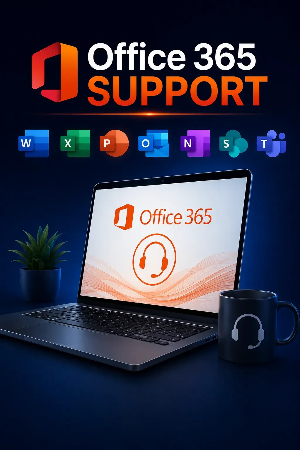 Promotion of Office 365 Support featuring a laptop with Office 365 logo, colorful app icons including Word, Excel, PowerPoint, Outlook, OneNote, SharePoint, and Teams, a coffee mug with a headset icon, a small potted plant, and a background highlighting Office 365 support services.