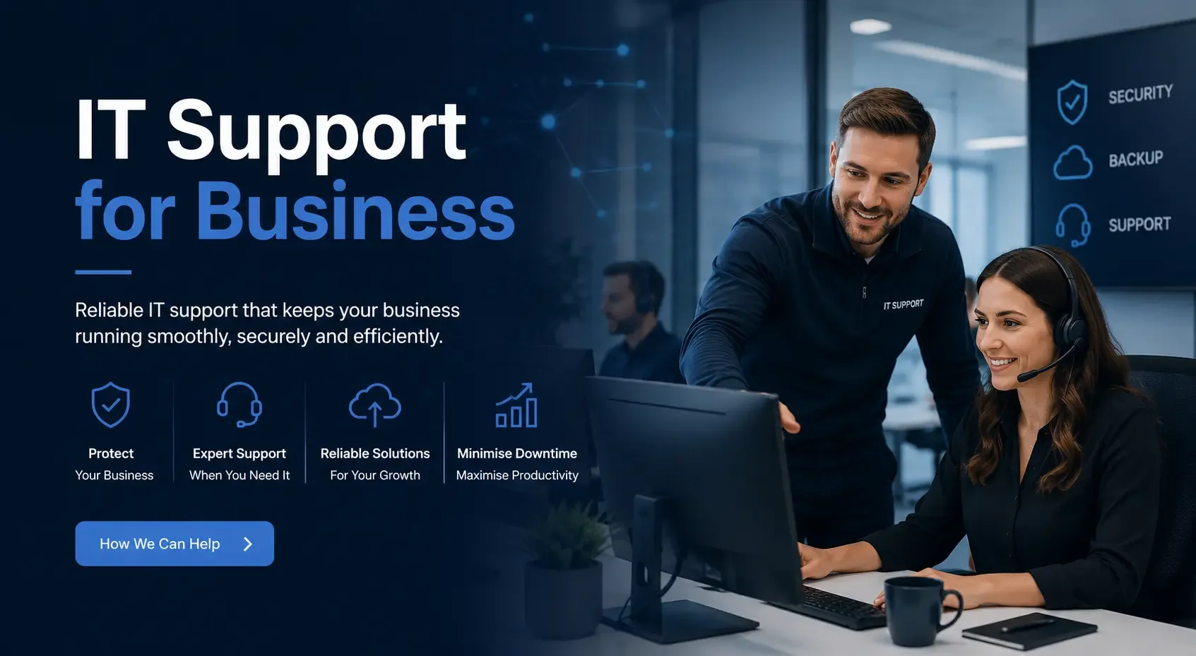 A smiling woman wearing a headset sitting at a computer with a man in a black shirt standing beside her, both in an office setting, promoting IT support services for business.