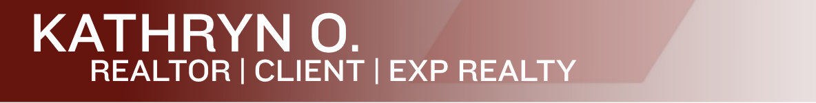 Red and pink gradient background with white text displaying the name "Kathryn O." and titles "Realtor," "Client," and "EXP Realty."