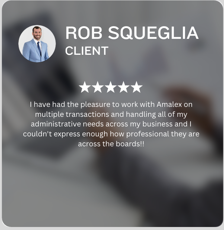 Google review for Amalex Virtual Solutions describing positive experience with real estate transaction coordination and administrative support services.