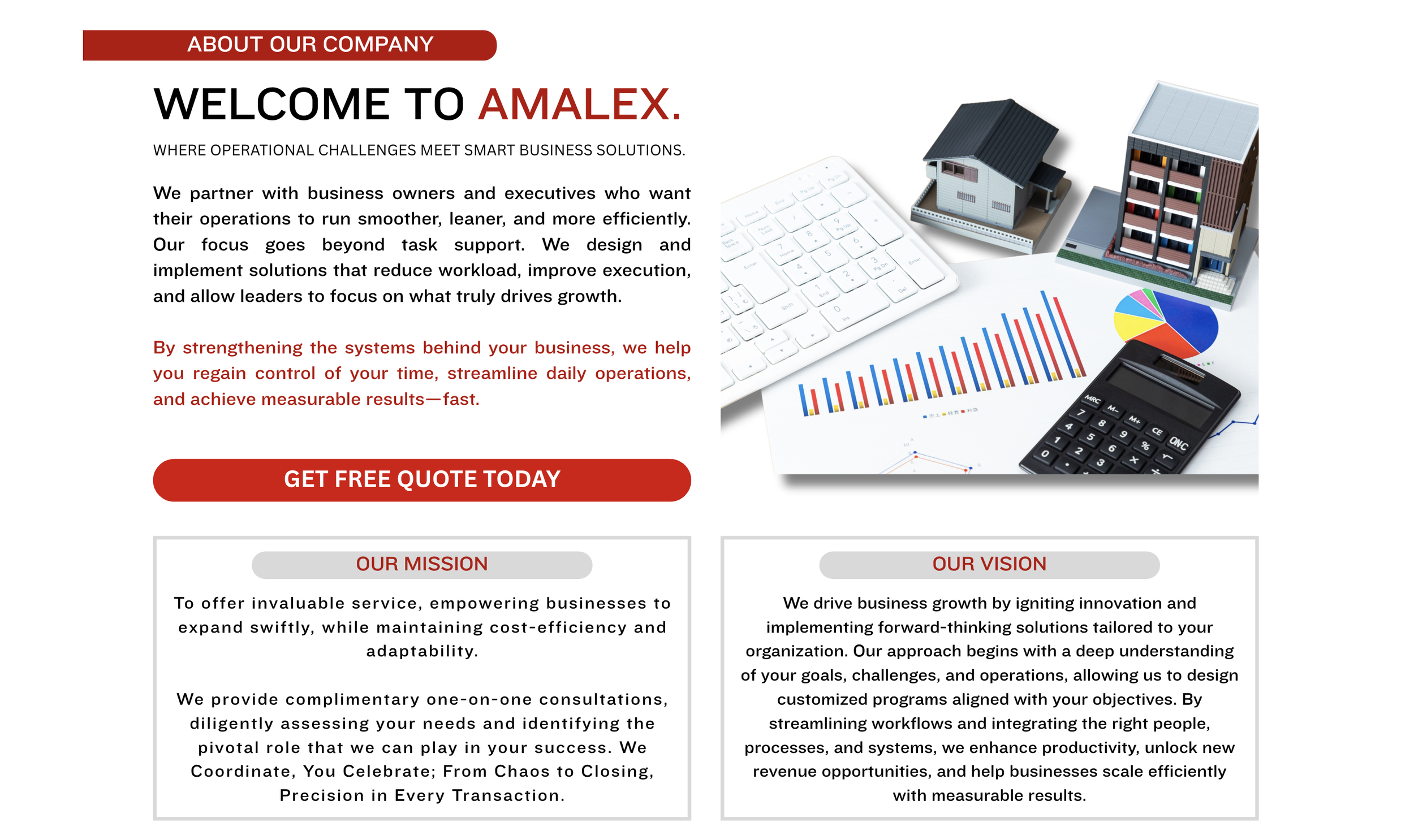 A website section introducing a company called Amalex, with a red header labeled 'ABOUT OUR COMPANY', a welcome message, and a call to action button 'GET FREE QUOTE TODAY'. The right side features a white keyboard, scale models of a house and a building, a pie chart, a bar graph, and a calculator, alongside text sections about the company's mission and vision.