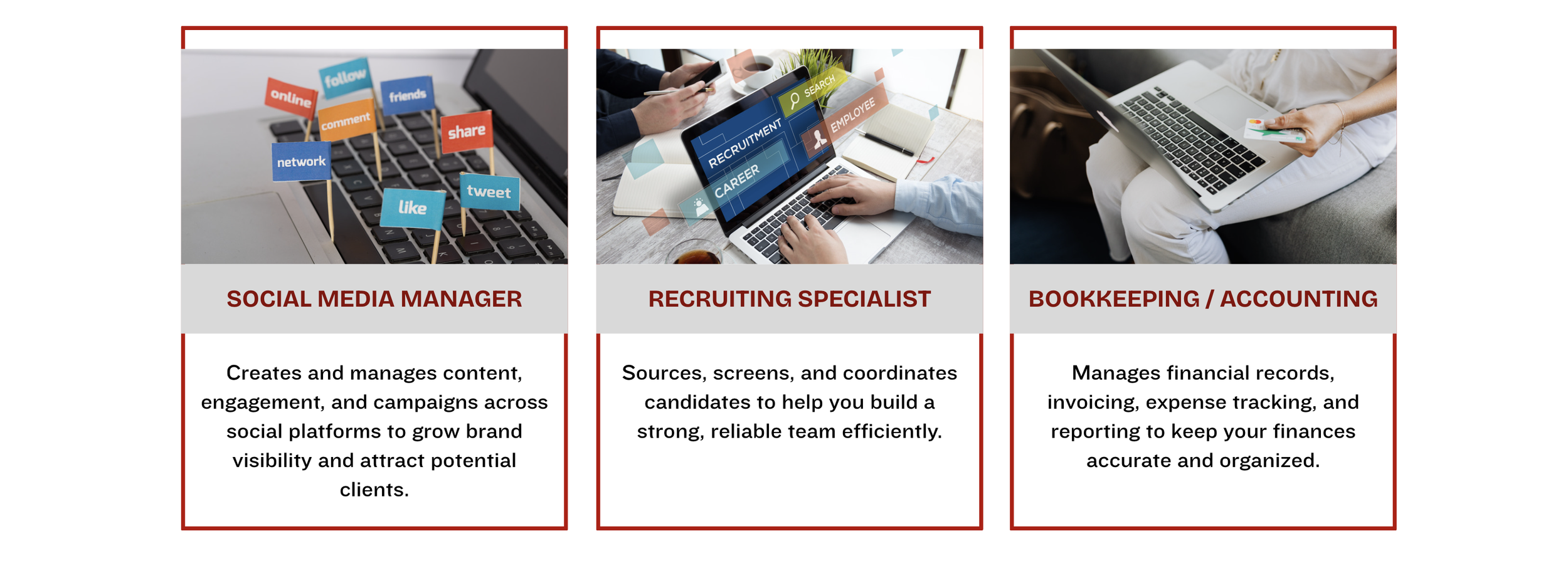 An infographic presenting three job roles: social media manager, recruiting specialist, and bookkeeping accountant. The social media manager section shows a keyboard with small flags labeled online, follow, comment, share, network, like, and tweet. The recruiting specialist section depicts hands using a smartphone and a laptop with words like recruitment, search, and employee displayed. The bookkeeping/accounting section features a person holding a credit card and using a laptop. Each section includes a brief description of the job responsibilities.