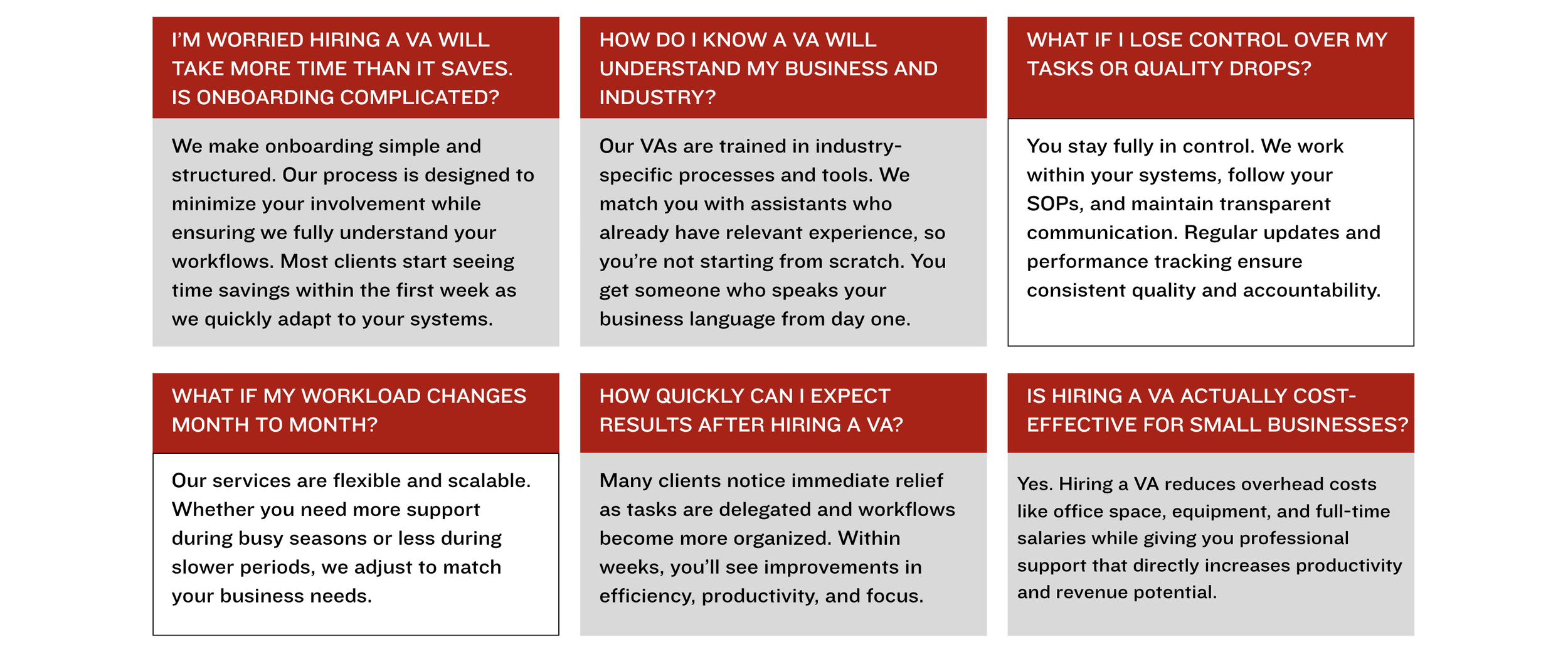 A display of six questions about hiring virtual assistants, each with a detailed answer, organized in a 2x3 grid with red headers and gray or white backgrounds.