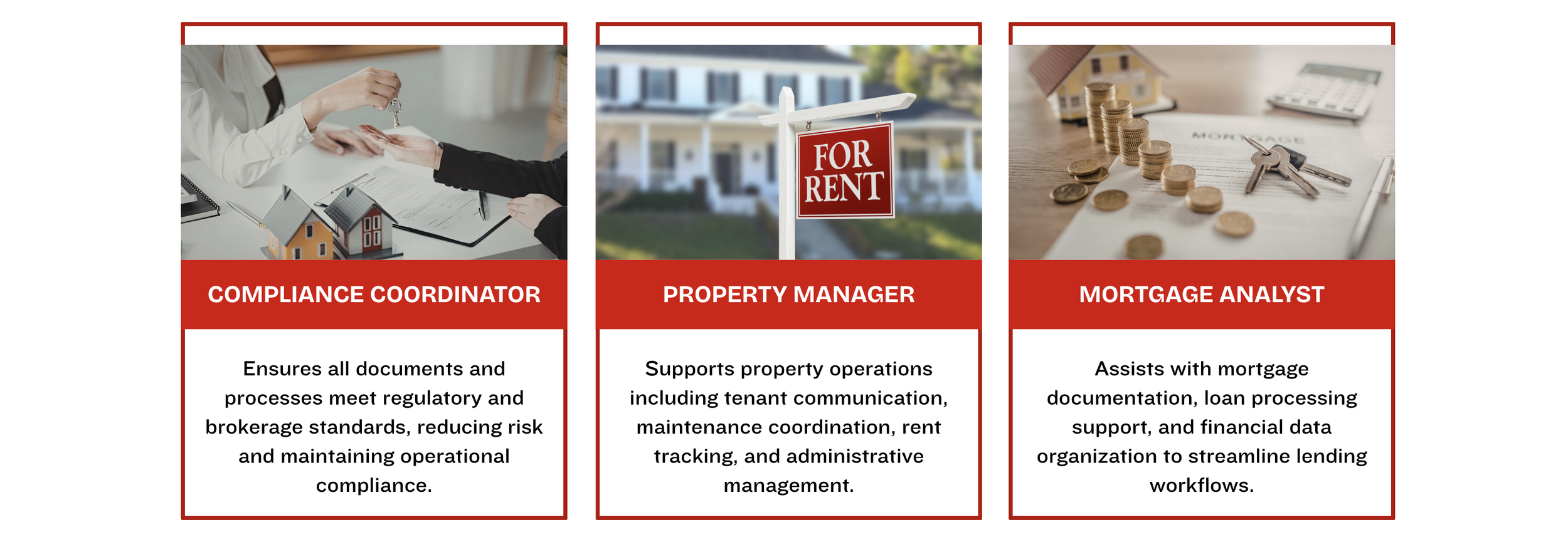 Three real estate job roles: Compliance Coordinator with an image of a handshake and house models, Property Manager with a house for rent sign, Mortgage Analyst with coins, keys, and mortgage document.