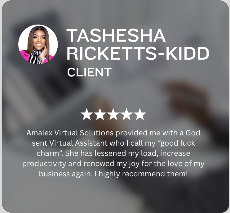 Five-star client feedback for Amalex Virtual Solutions showcasing trusted virtual assistant services for real estate professionals and growing businesses.