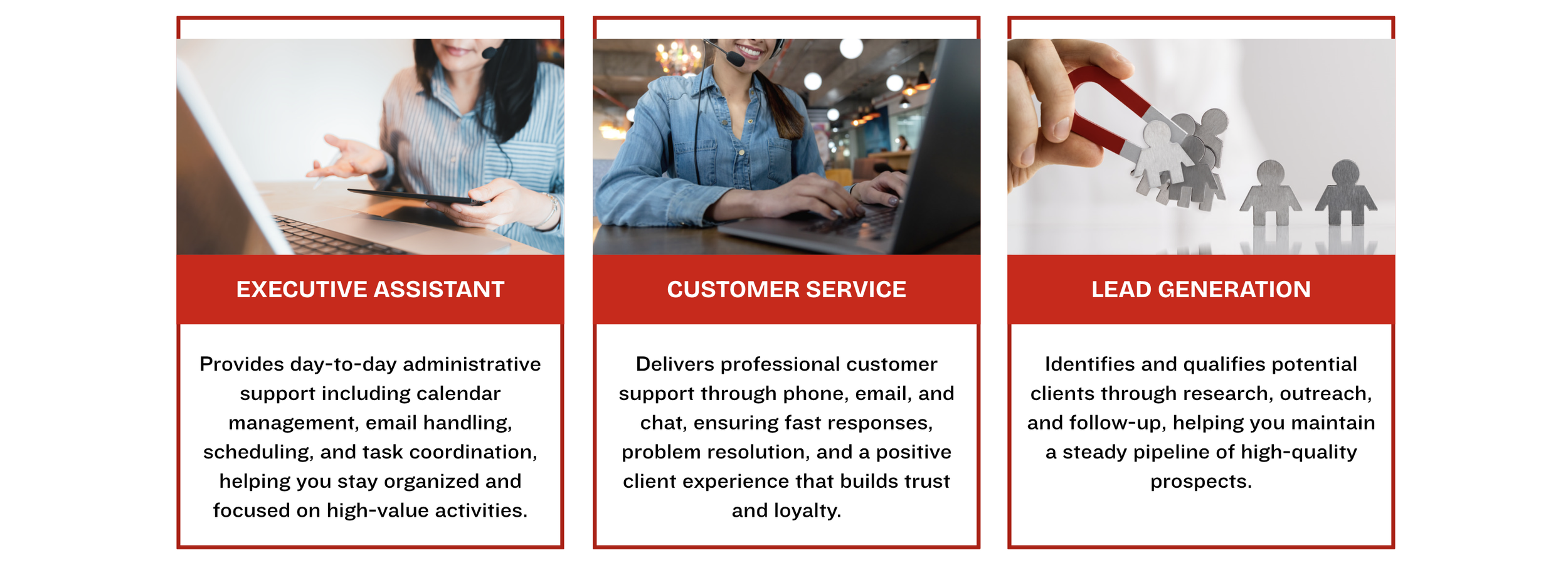 Three sections with red headers and images. The first section titled "Executive Assistant" shows a woman with a headset using a tablet. The second section titled "Customer Service" shows a woman with a headset working on a laptop in a cafe. The third section titled "Lead Generation" shows a hand holding a magnet attracting paper cutout figures of people.