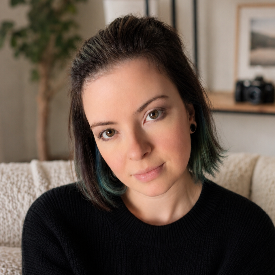 A young woman with short dark hair and teal tips, wearing a black sweater, sitting on a beige sofa in a cozy room with a plant and framed pictures in the background.