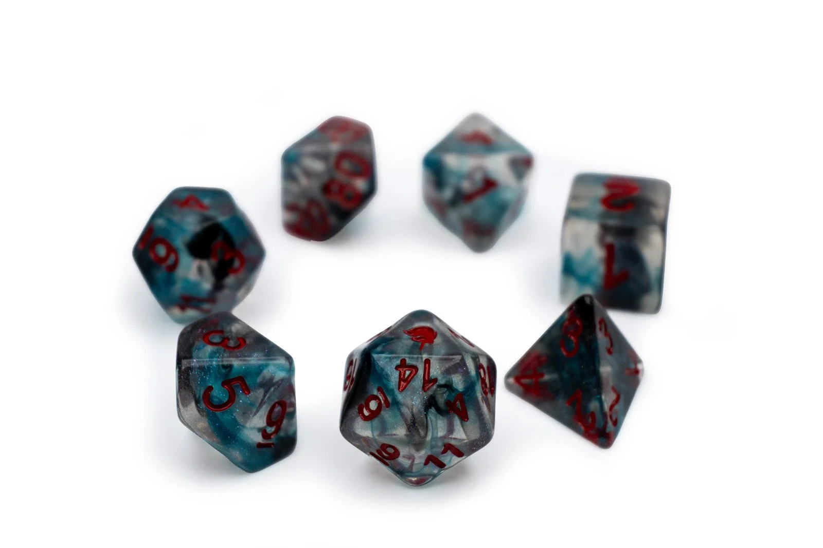 A set of eight marbled multi-colored polyhedral dice with red numbering arranged in a circle on a white background.