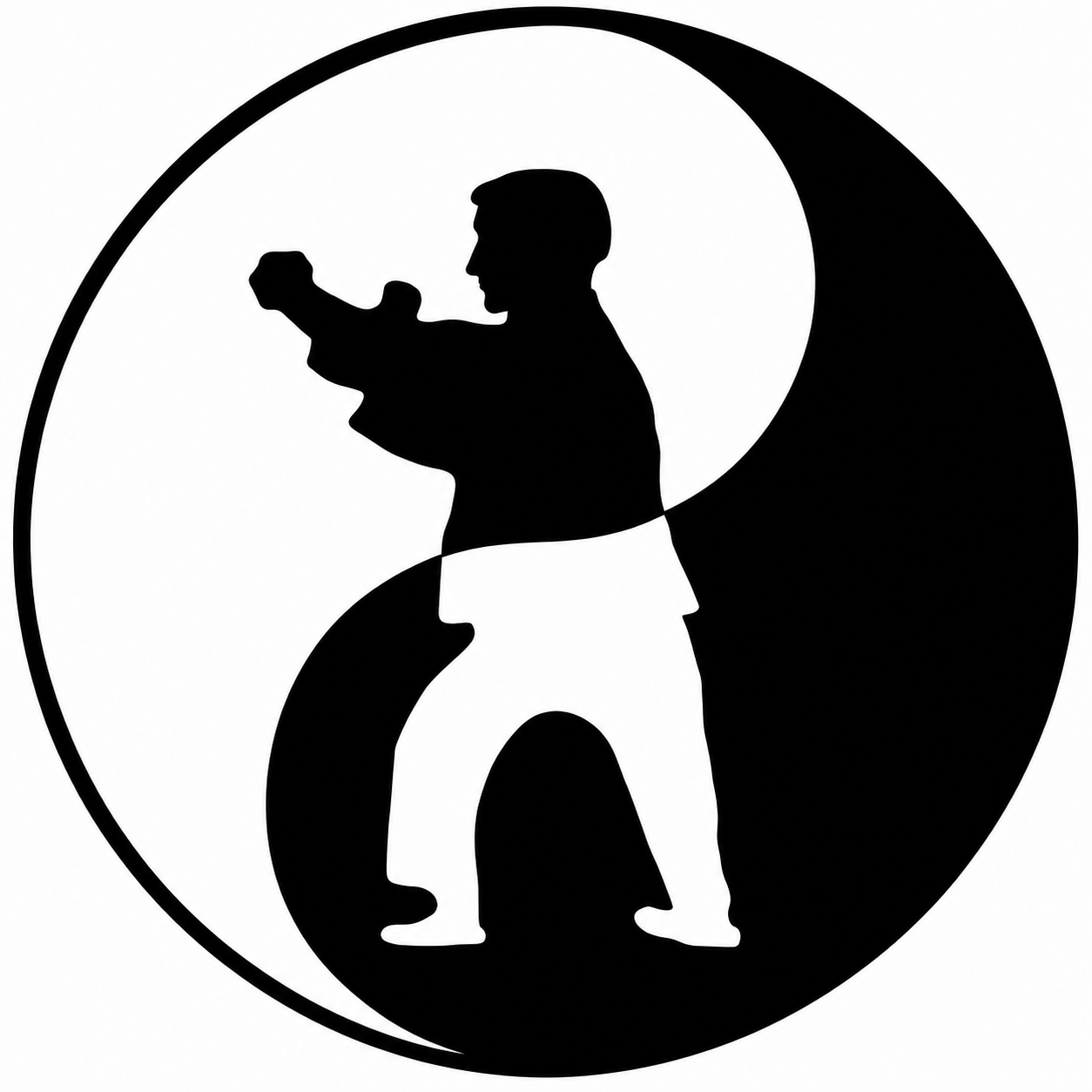 Schwarze Silhouette eines Kampfsportlers in einer Fighting-Position, umgeben von einem Yin-Yang-Symbol.