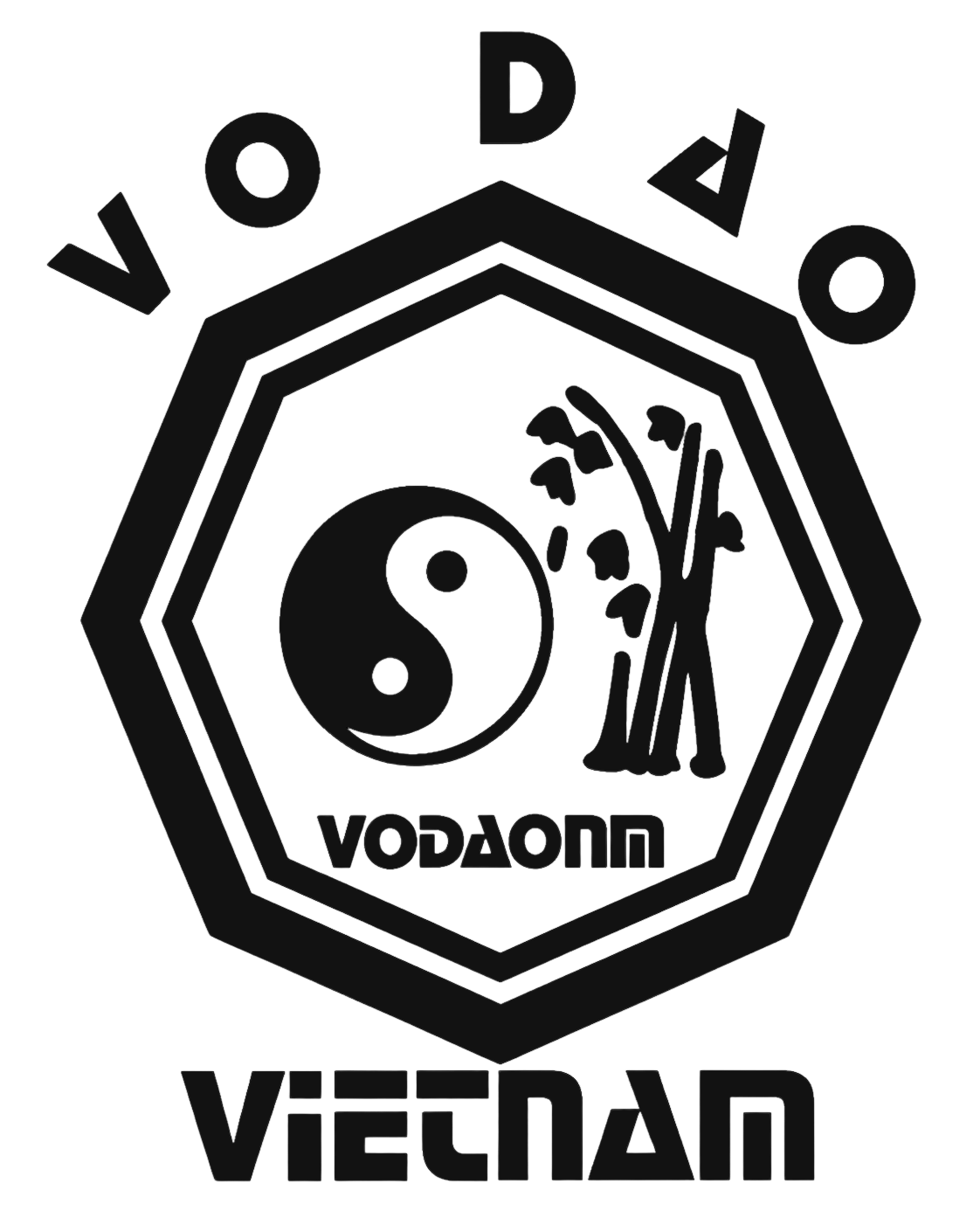 Schwarz-weiß Logo mit einem Yin-Yang-Symbol, einem Bambuszweig und einer chinesischen Schrift, umgeben von einem sechseckigen Rahmen, mit dem Wort 'VODD' oben und 'VietAn' unten.