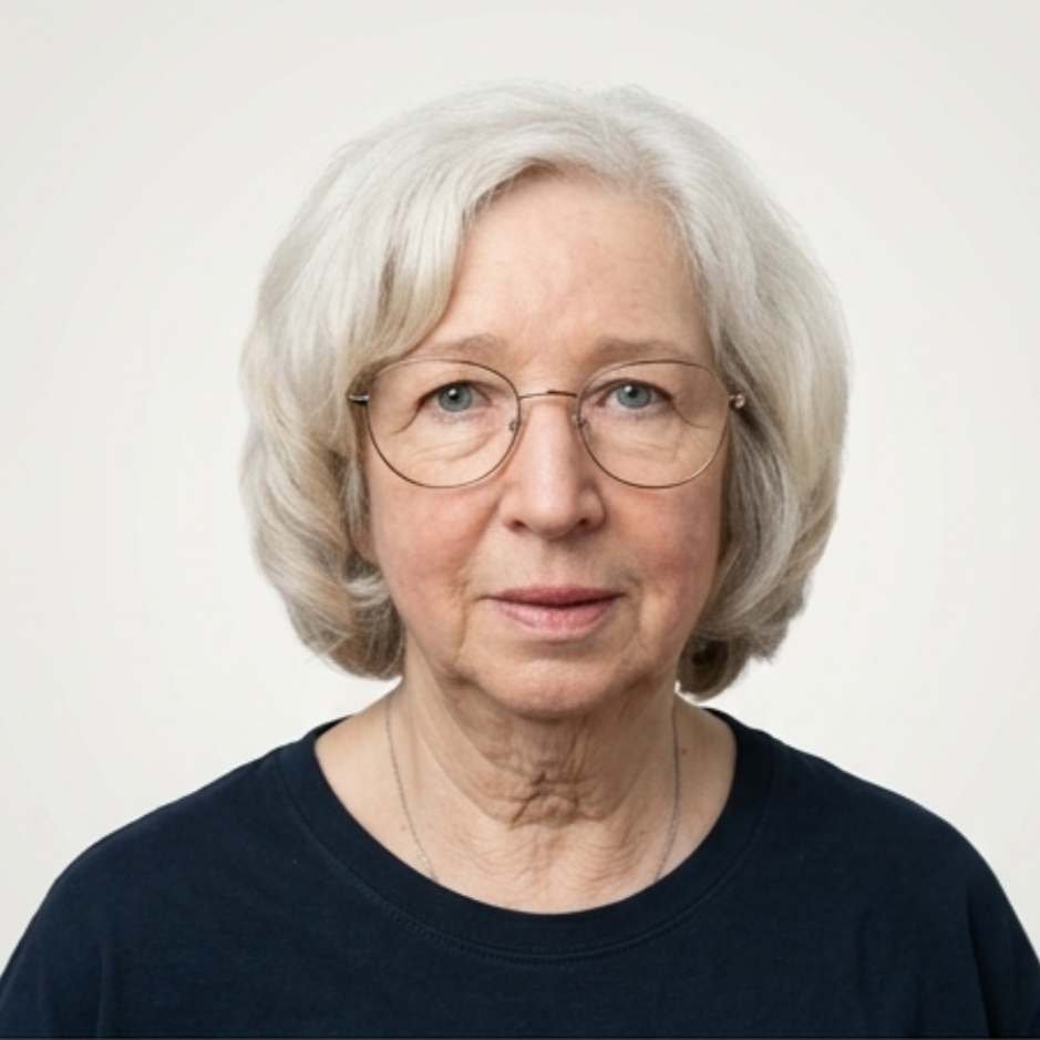 Porträt einer älteren Frau mit grauem, gewelltem Haar, trägt runde Brillen und ein dunkles T-Shirt. Hintergrund ist ein ungefüllter, heller Raum.