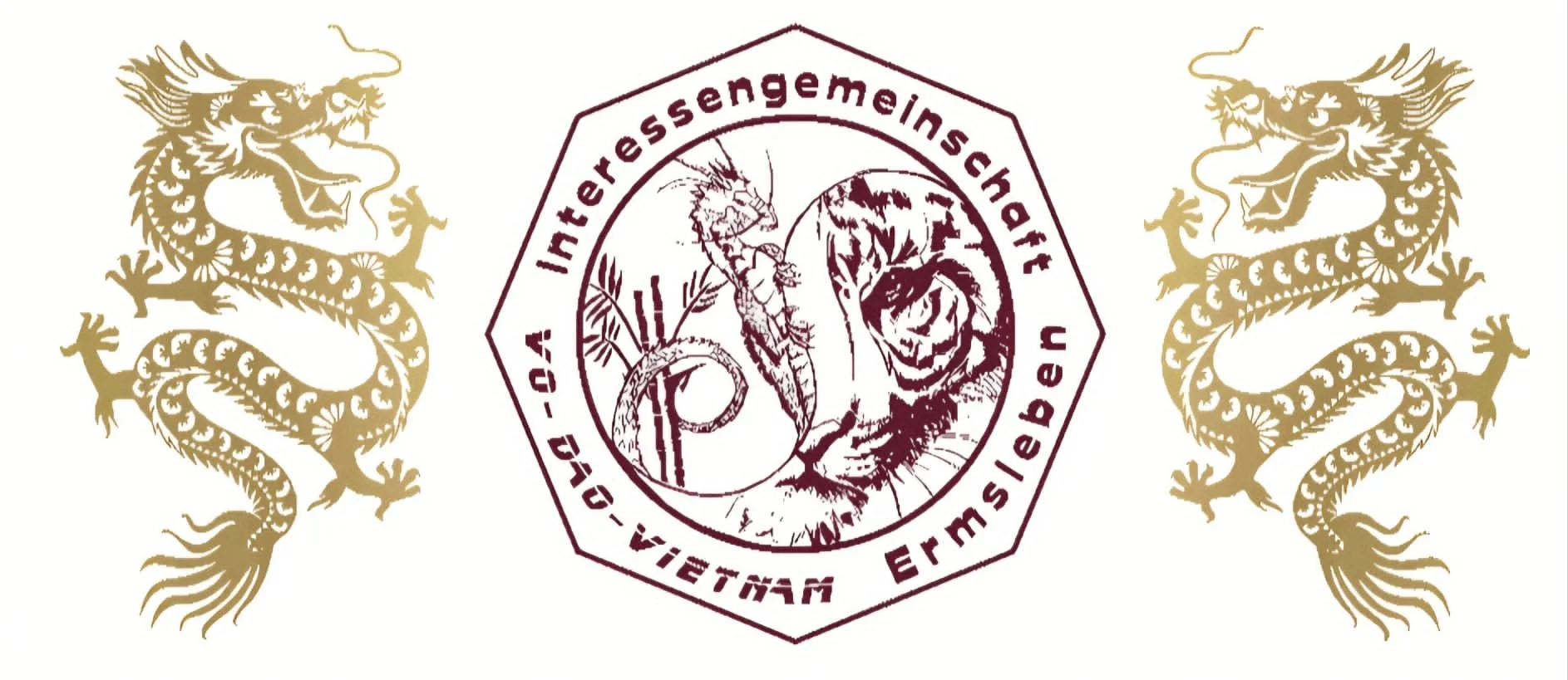 Ein Emblem mit den Worten 'Internationale Gemeinschaft für Wildtier- und Naturschutz' und einer Illustration eines Drachen, flankiert von zwei goldenen Drachen auf jeder Seite.