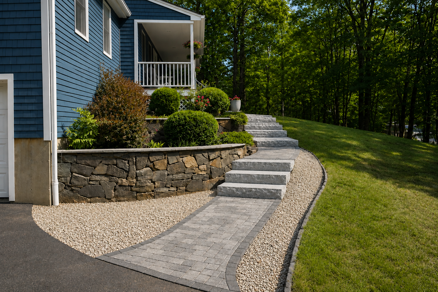 Custom stone retaining wall and walkway landscaping.