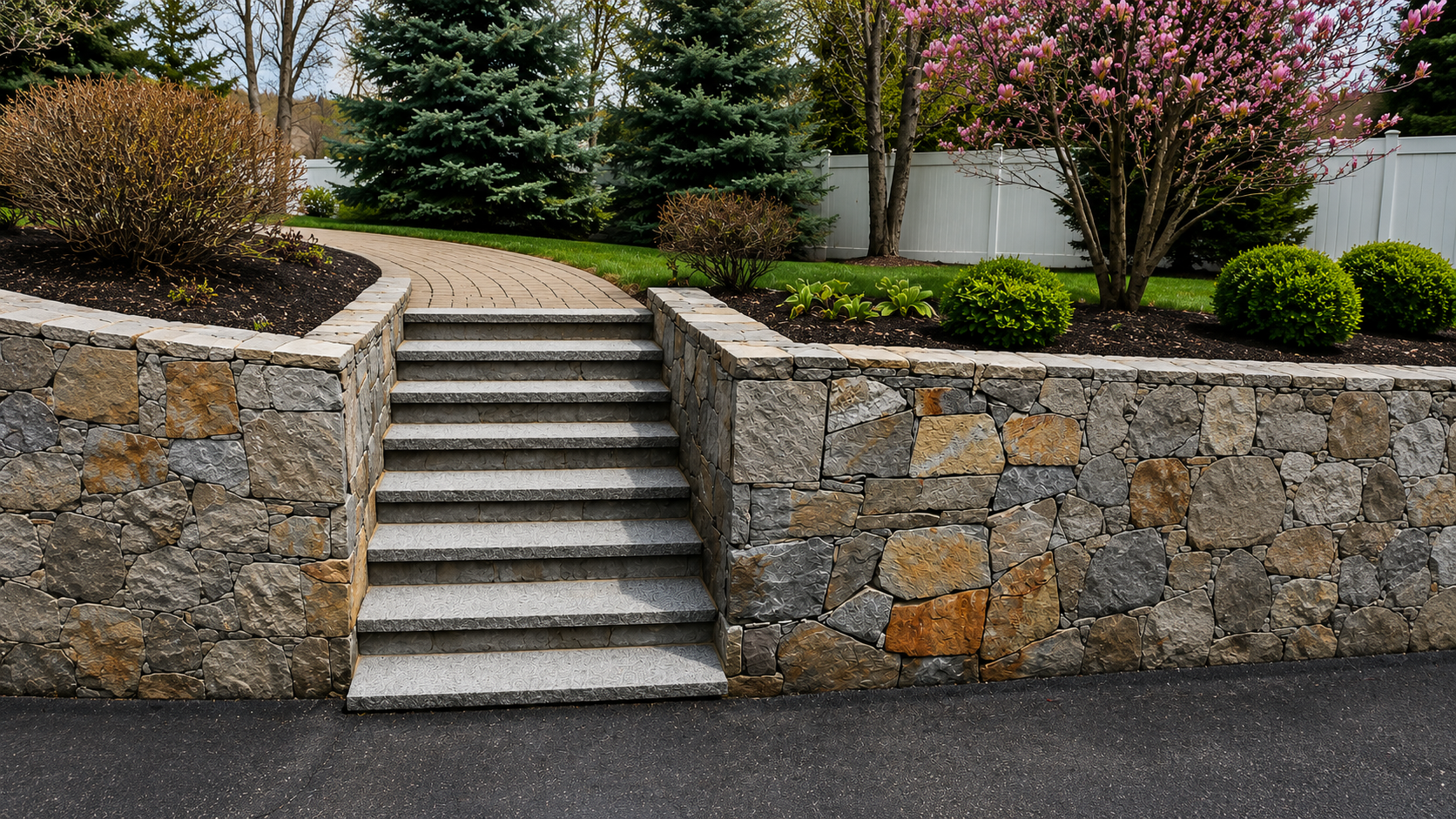 Stone retaining wall with stairs leading up to a landscaped yard featuring various bushes, a flowering tree, and a paved walkway.