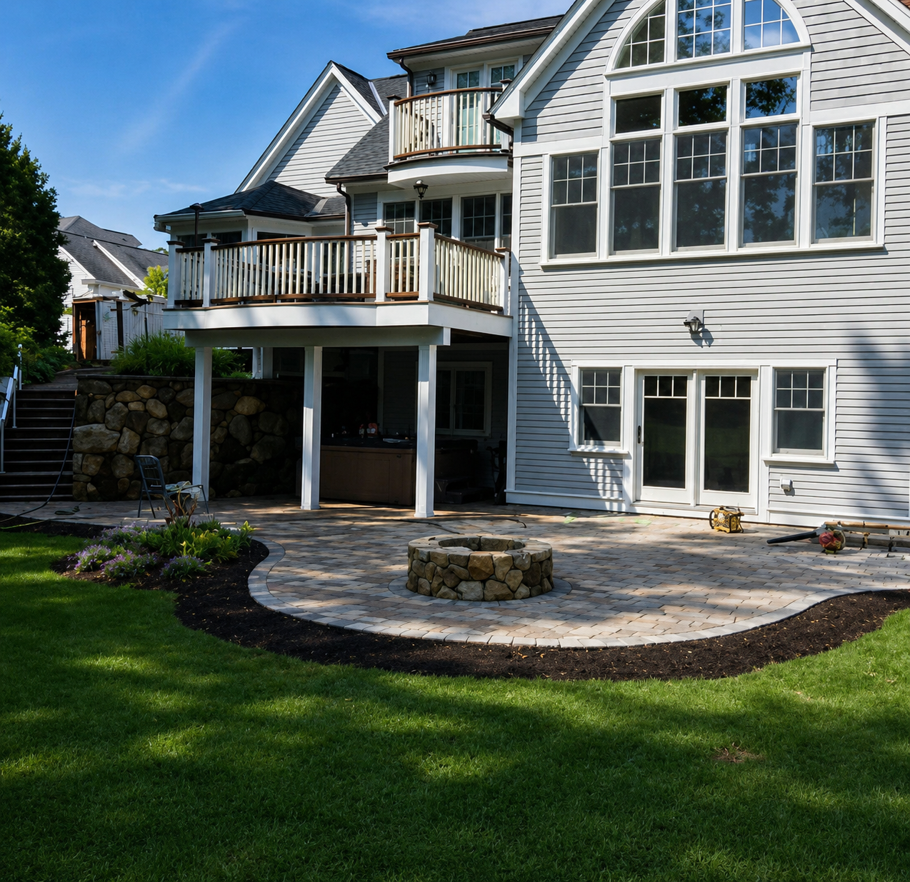 Backyard patio with a stone fire ring, pavers, and a white house with large windows, a balcony, and stairs leading up to a garden area.