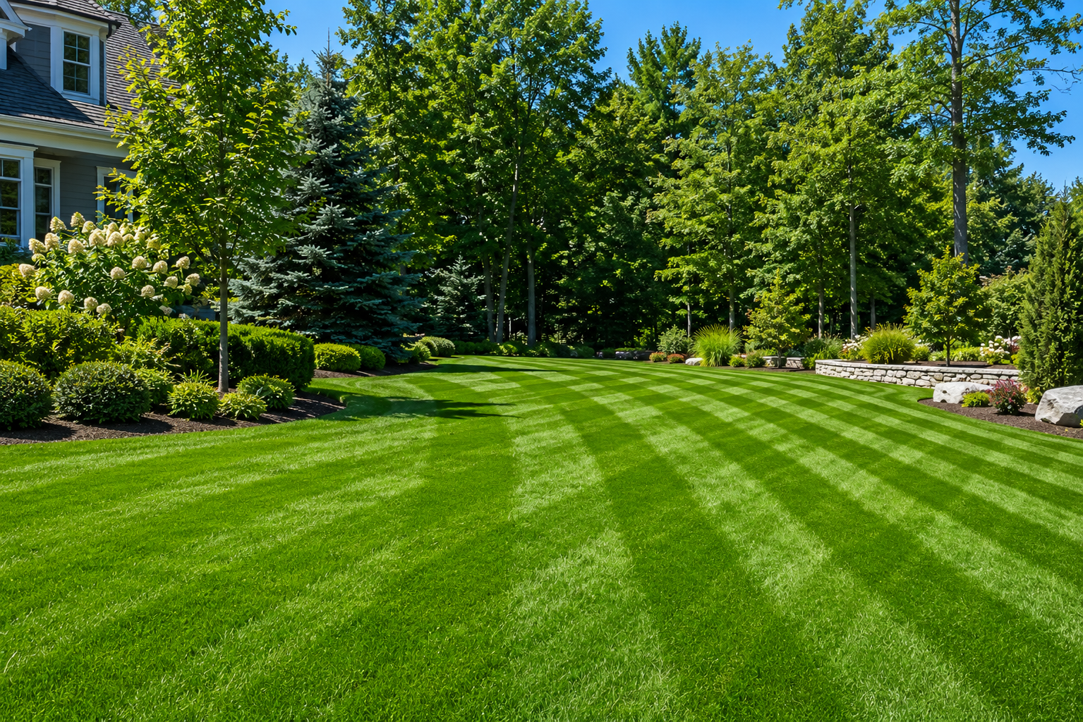 Professional lawn maintenance with striped mowing pattern in New Hampshire