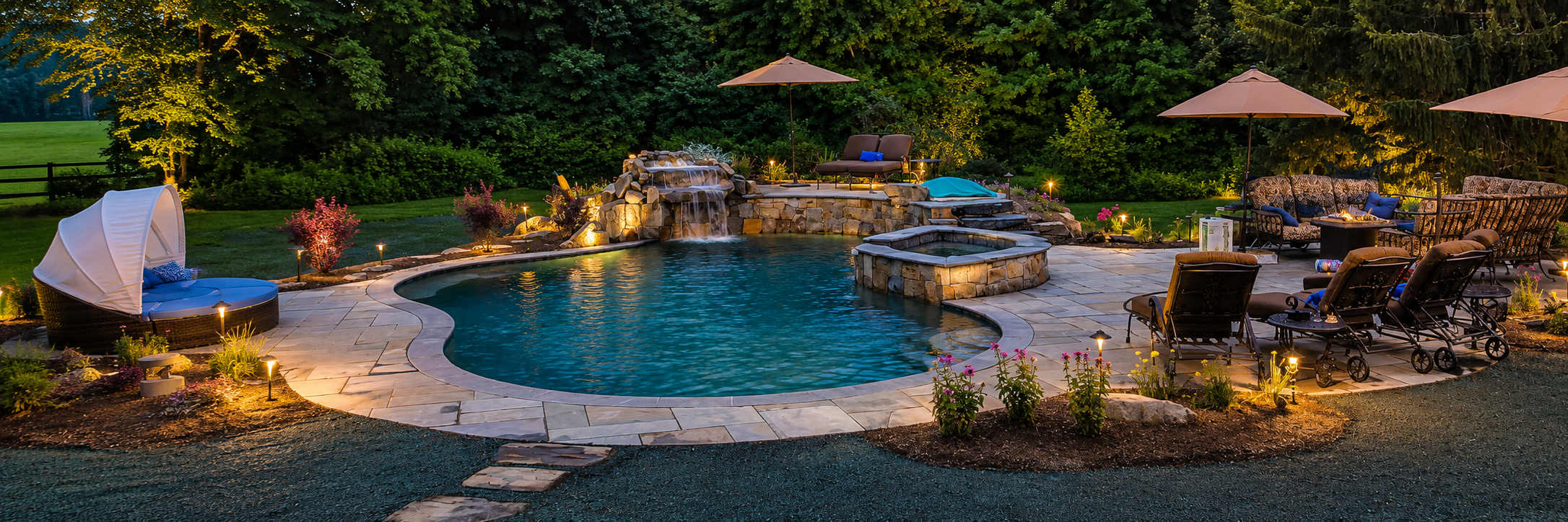 A illuminated backyard pool area at dusk with lounge chairs, umbrellas, a water fountain feature, and landscaped garden with trees and flowers.