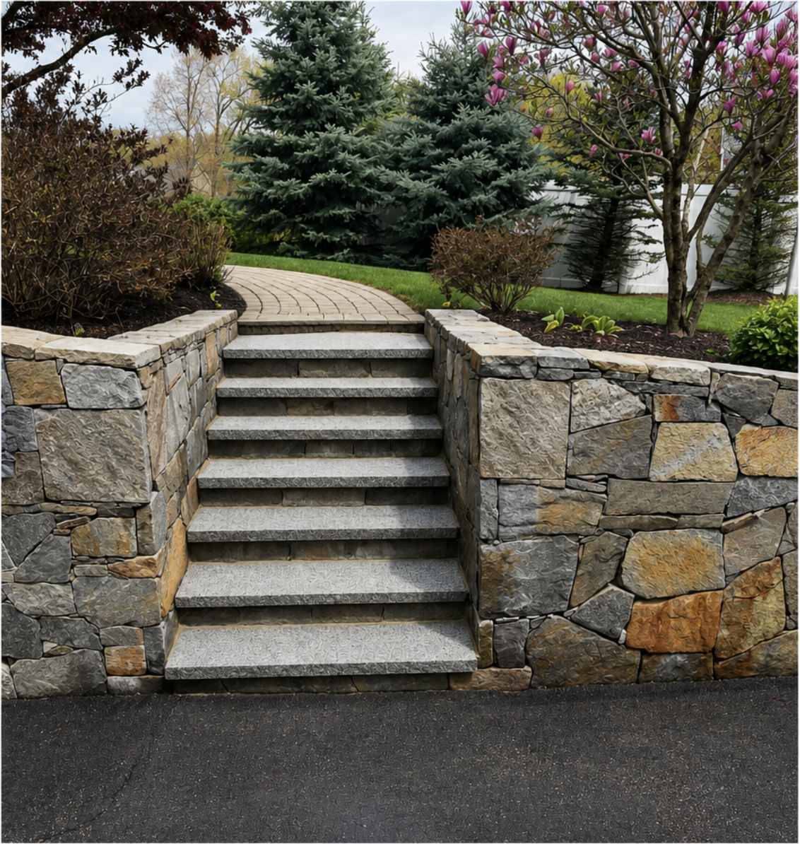 Stone steps leading up to a brick walkway in a landscaped yard with trees and bushes, including evergreen and flowering trees.