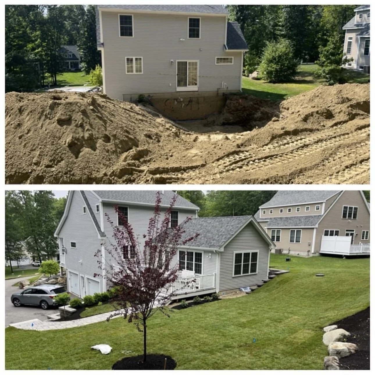 A side-by-side comparison of a backyard before and after landscaping and yard work. The top image shows an empty, excavated yard with dirt and tire tracks, while the bottom image shows the same yard with a planted tree, green grass, and landscaped st