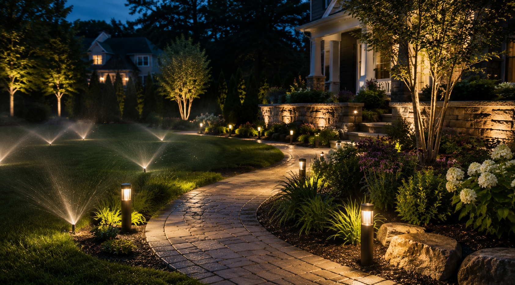 Night view of a landscaped front yard with illuminated pathway, water sprinklers, garden beds, trees, and lamps near a house with steps and porch