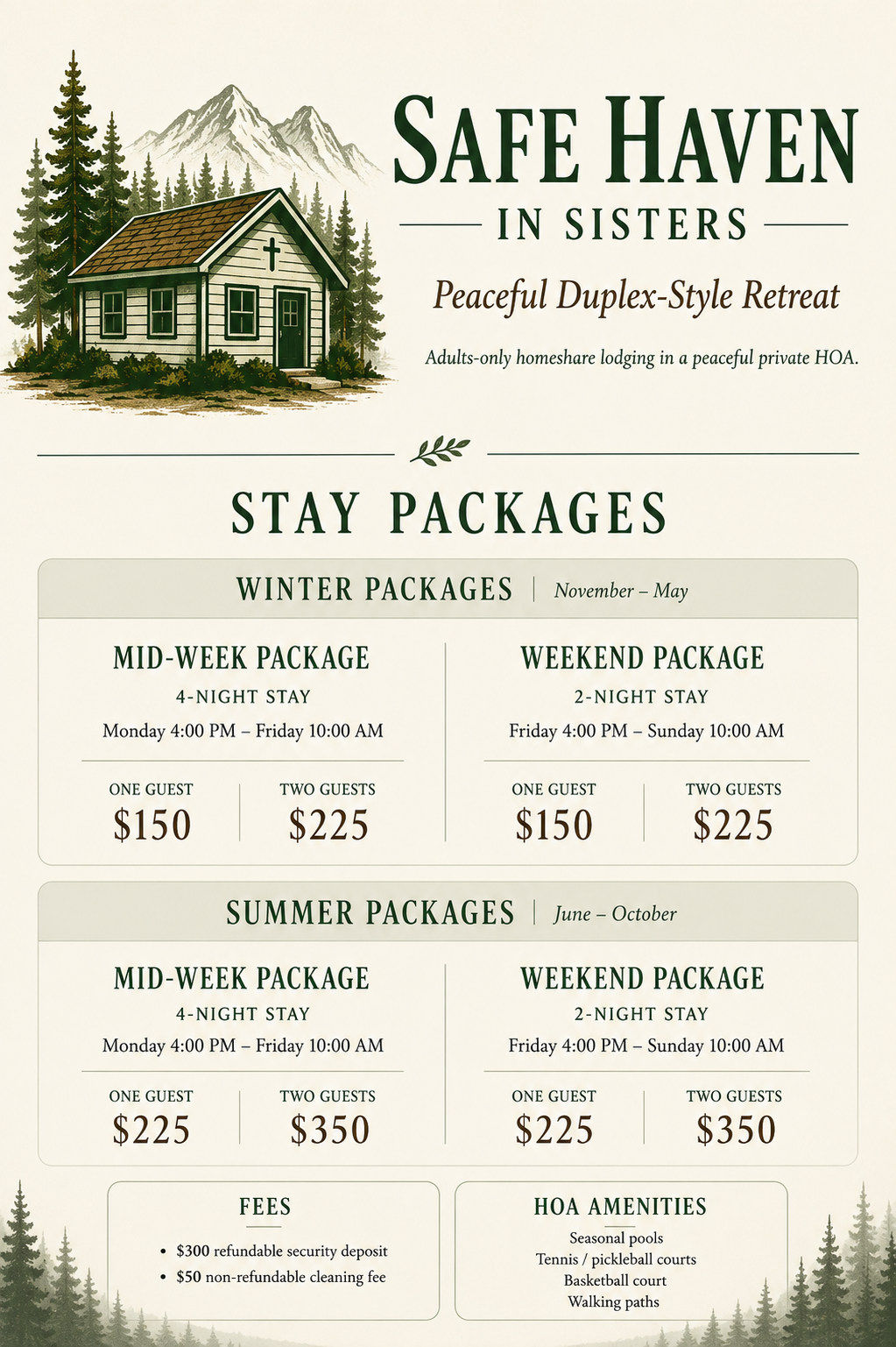 A flyer advertising Safe Haven in Sisters, a peaceful duplex-style retreat with homeshare lodging in a private HOA, offering winter and summer stay packages with different durations and prices.