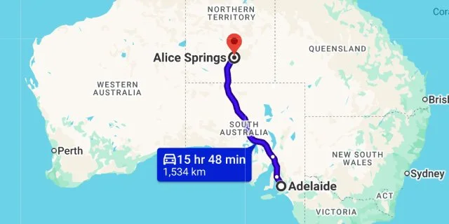 Map of route from Adelaide to Alice in Google Maps