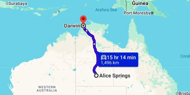 Alice Springs to Darwin route in Google Maps