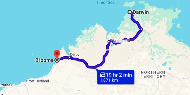 Map showing travel route from Darwin to Broome in Australia, passing through Kununurra with a travel time of 19 hours and 2 minutes covering 1,871 kilometers.