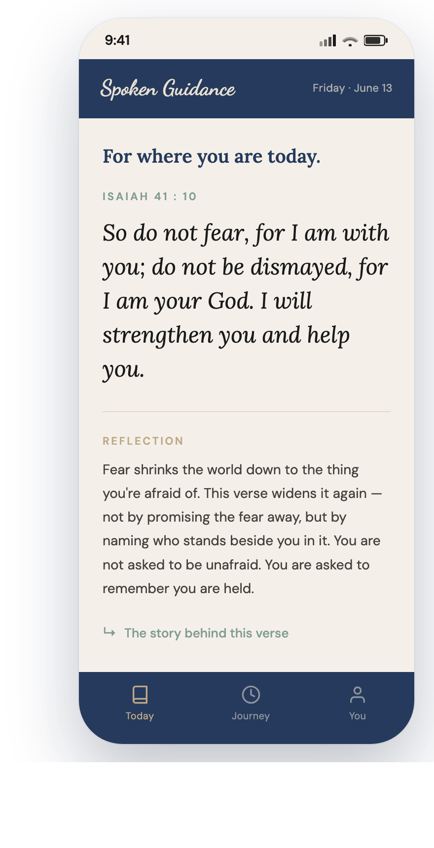 A digital mobile app screen displaying a religious or motivational message titled "Spoken Guidance" with a date of Friday, June 13, at the top right corner. The message quotes Isaiah 41:10 about not fearing because God is with you. The screen includes a reflection on fear and encouragement, with a navigation menu at the bottom with icons labeled Today, Journey, and You.